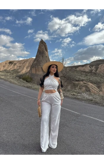 Taş Boyundan Bağlamalı Keten İkili Takım