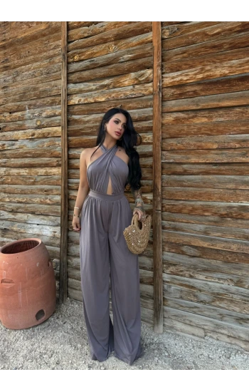 Vizon Yaka Çapraz Bol Paça Tulum