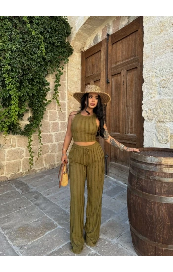 Yağ Yeşili Ters Dikişli İkili Takım