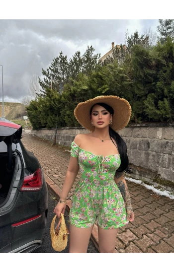 Yaka Bağcıklı Şortlu Tulum