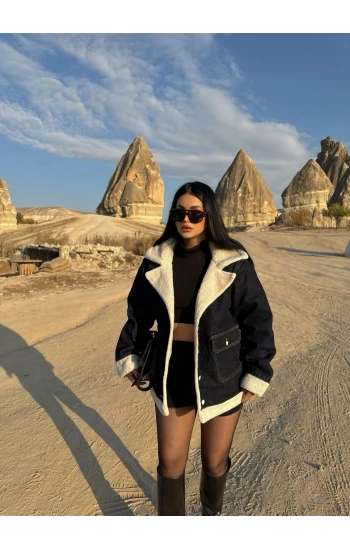Yanları Cepli Kürklü Denim Mont