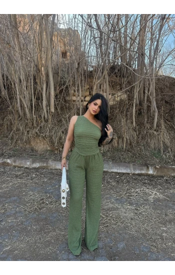 Yeşil Gofre Tek Omuz İkili Takım