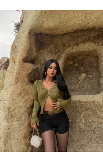 Yeşil Polo Yaka Düğmeli Triko