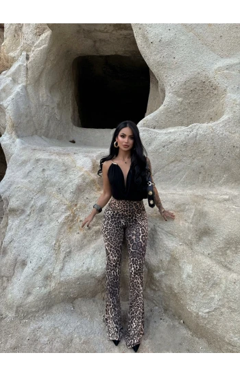 Yüksek Bel Leopar İspanyol Pantolon