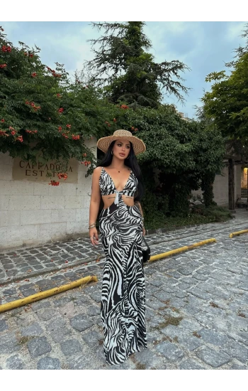 Zebra Yan Pencereli Maxi Elbise