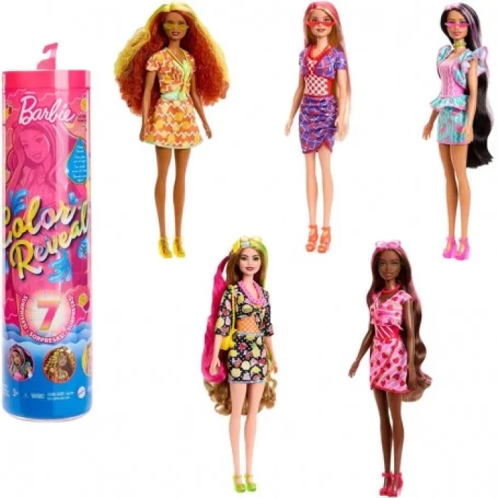 Barbie-Bebek Color Reveal Renk Değiştiren Sürpriz Meyve Deseni Elbiseli HJX49