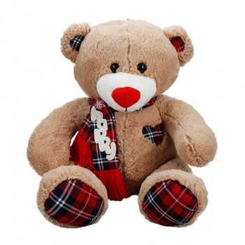 Ekose Atkılı Peluş Ayı 60 cm. - Açık Kahverengi