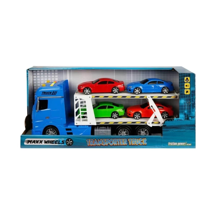 1:24 Maxx Wheels Sesli ve Işıklı 2 Katlı Transporter Tır 44 cm. - Mavi Tır