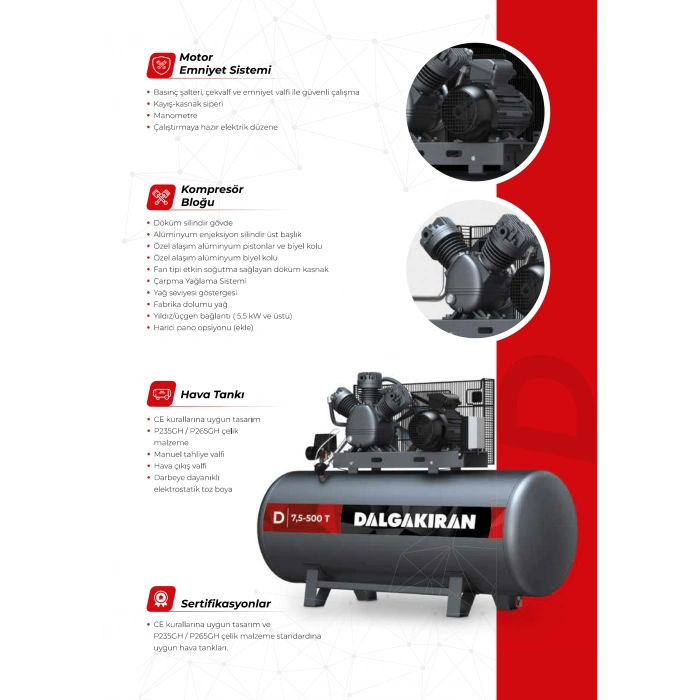 DALGAKIRAN 200 Litre İki Kafalı 8 Bar Pistonlu Kompresör D3-200