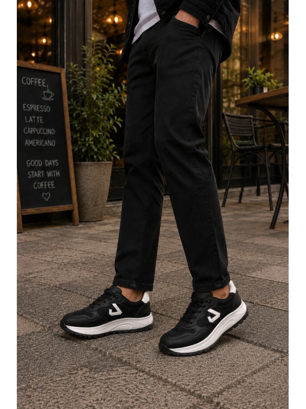 Mamba Erkek Günlük Spor Ayakkabı Bağcıklı Rahat Tabanlı Casual Sneaker Siyah-Beyaz
