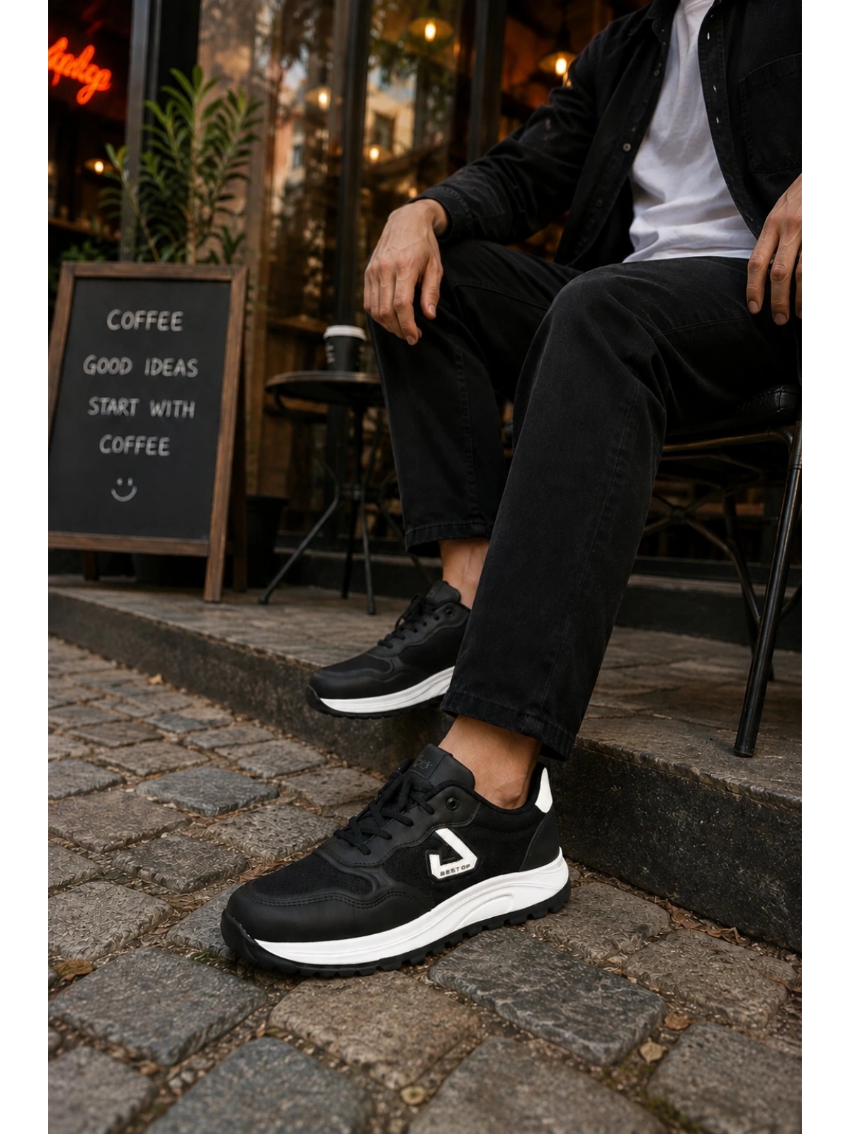 Mamba Erkek Günlük Spor Ayakkabı Bağcıklı Rahat Tabanlı Casual Sneaker Siyah-Beyaz
