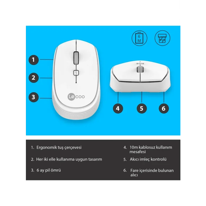 Lenovo Lecoo WS202 Ergonomik Optik Kablosuz Mouse Beyaz