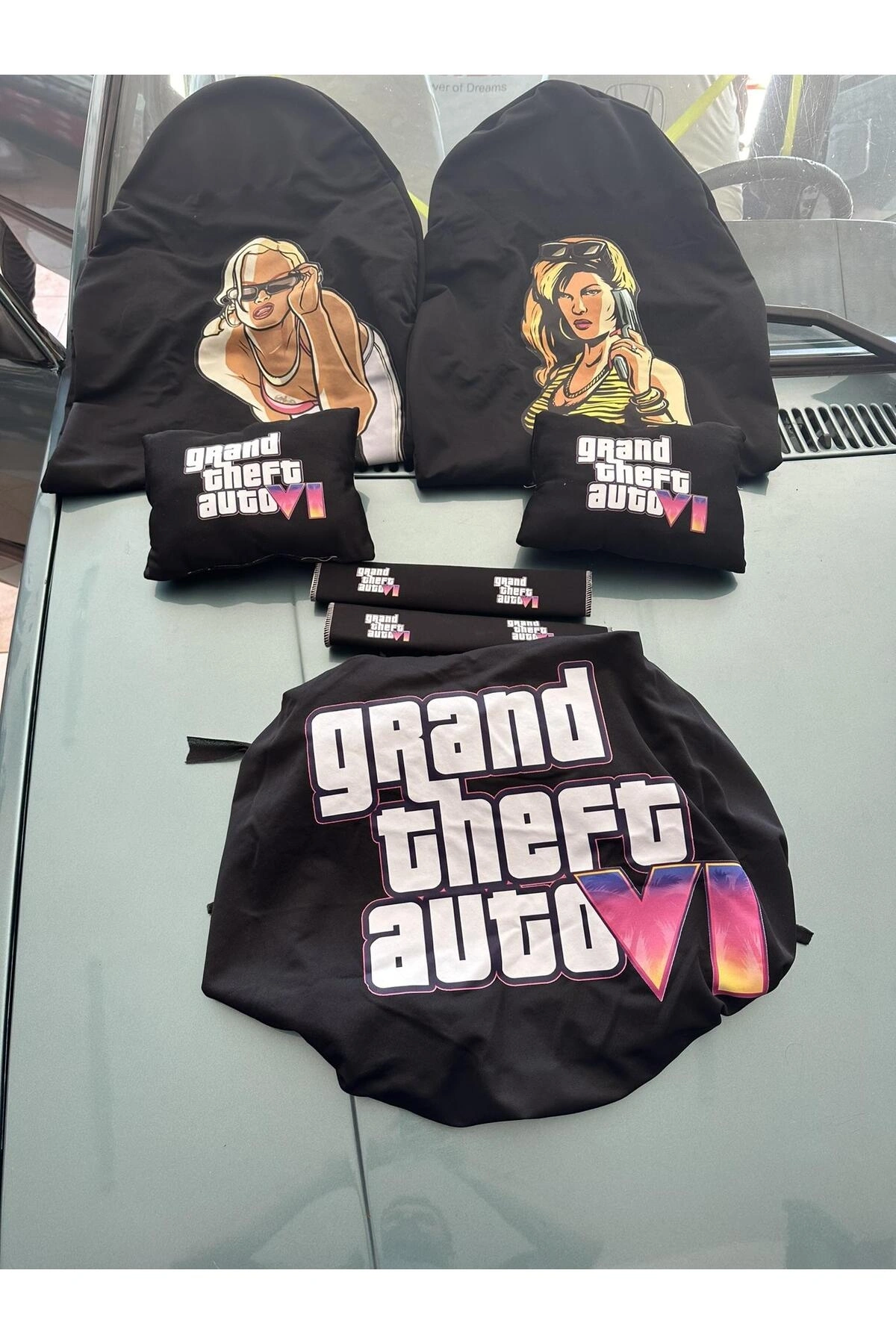 Gta Baskılı Oto Servis Kılıfı, Kemer Pedi, Yastık Takımı Siyah Grand Theft Auto