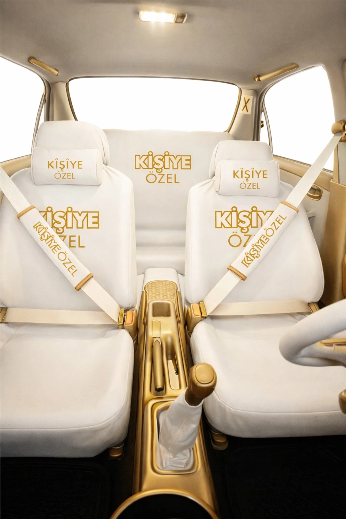 TKY 8 Parça Oto Kılıf Seti Servis Kılıfı Beyaz - Gold (Ön+Arka, 2 Boyun Yastık, 2 Kemer Kılıfı)