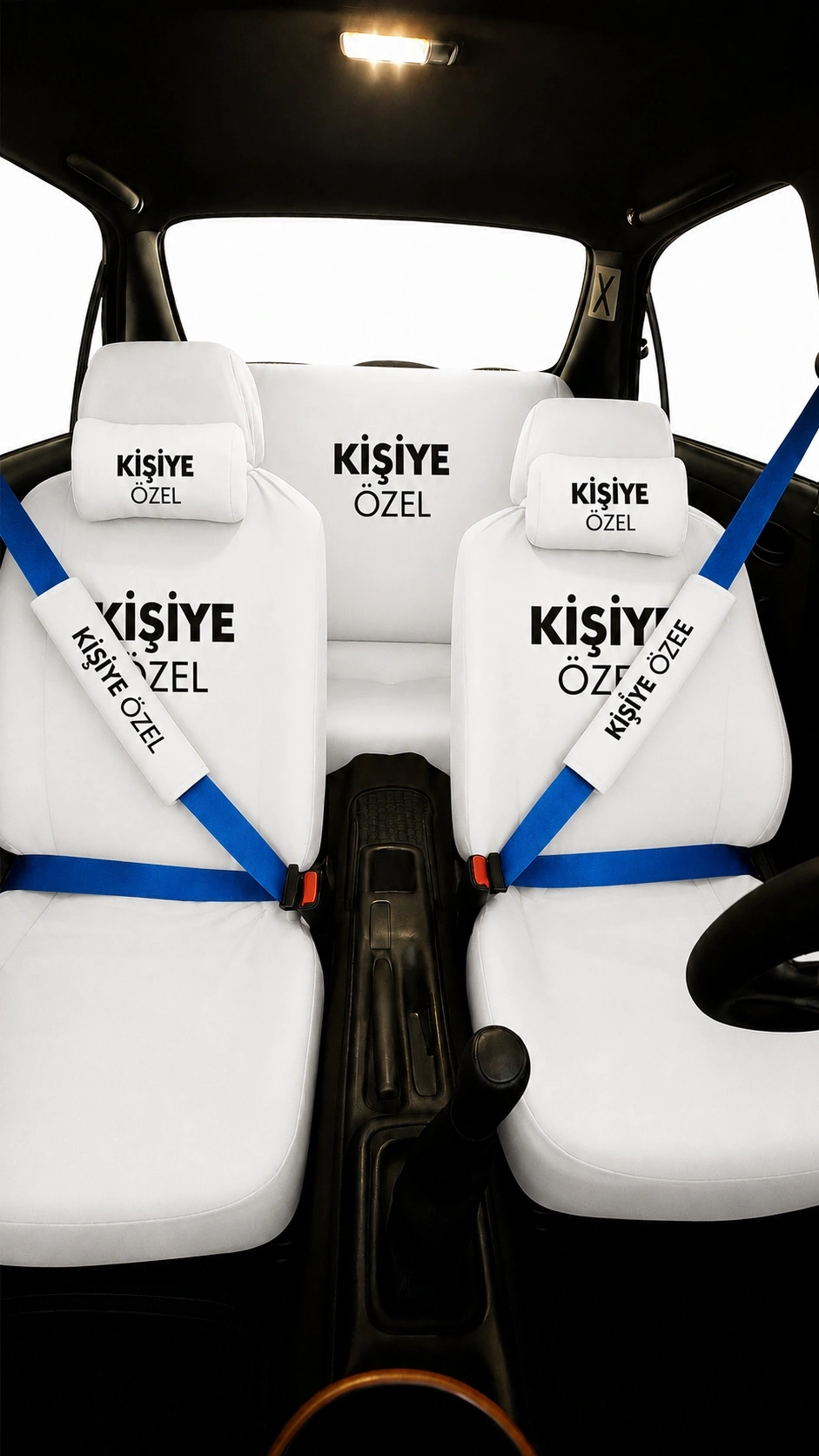 Kişiye Özel 8 Parça Oto Koltuk Kılıf Seti (Ön+Arka Set, 2 Boyun Yastık,2 Kemer Kılıf) Beyaz