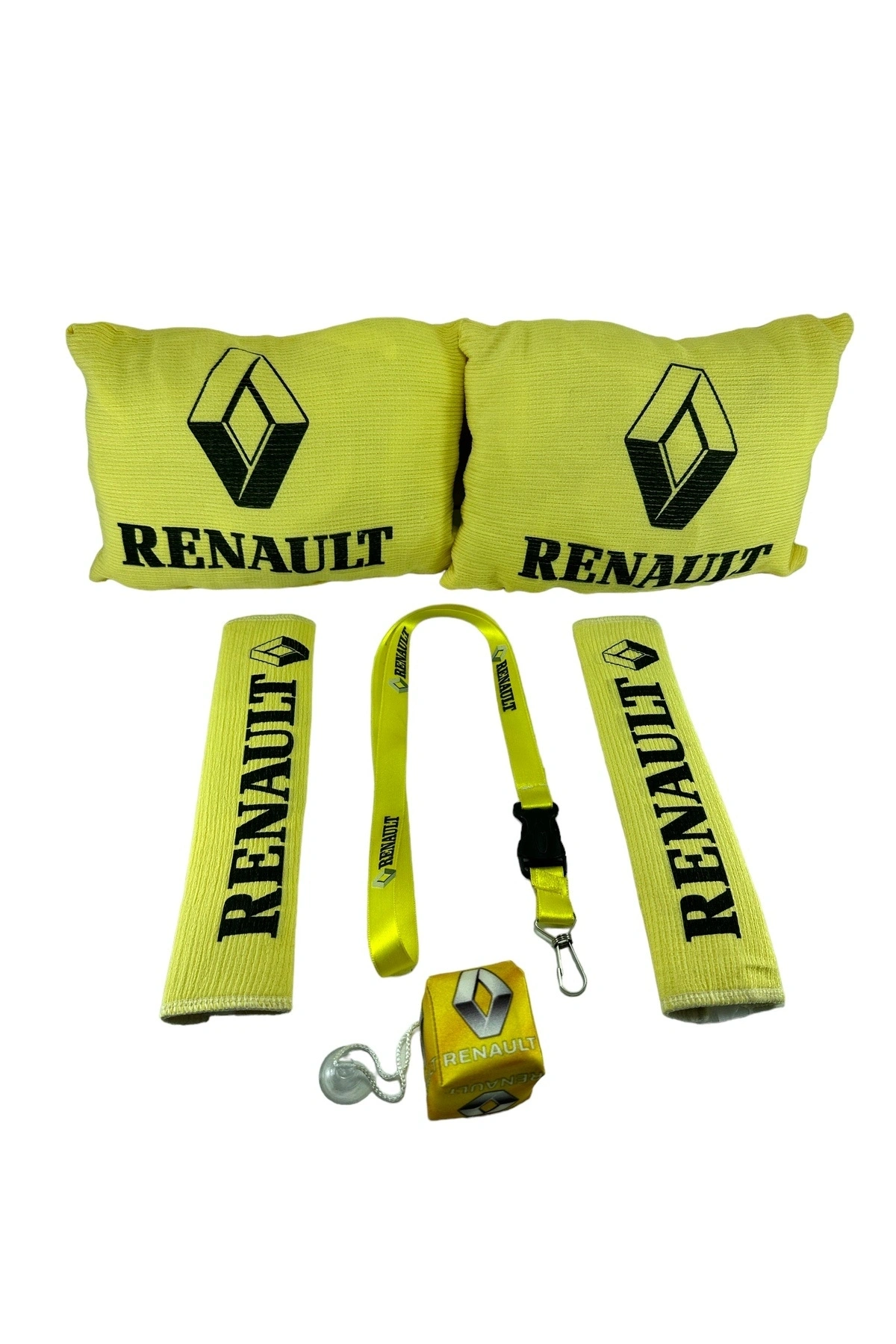 Renault Oto Konfor Seti Sarı Yastık Kemer (Boyun Yastığı, Kemer Pedi, ayna ipi, cam süsü 6 parça)