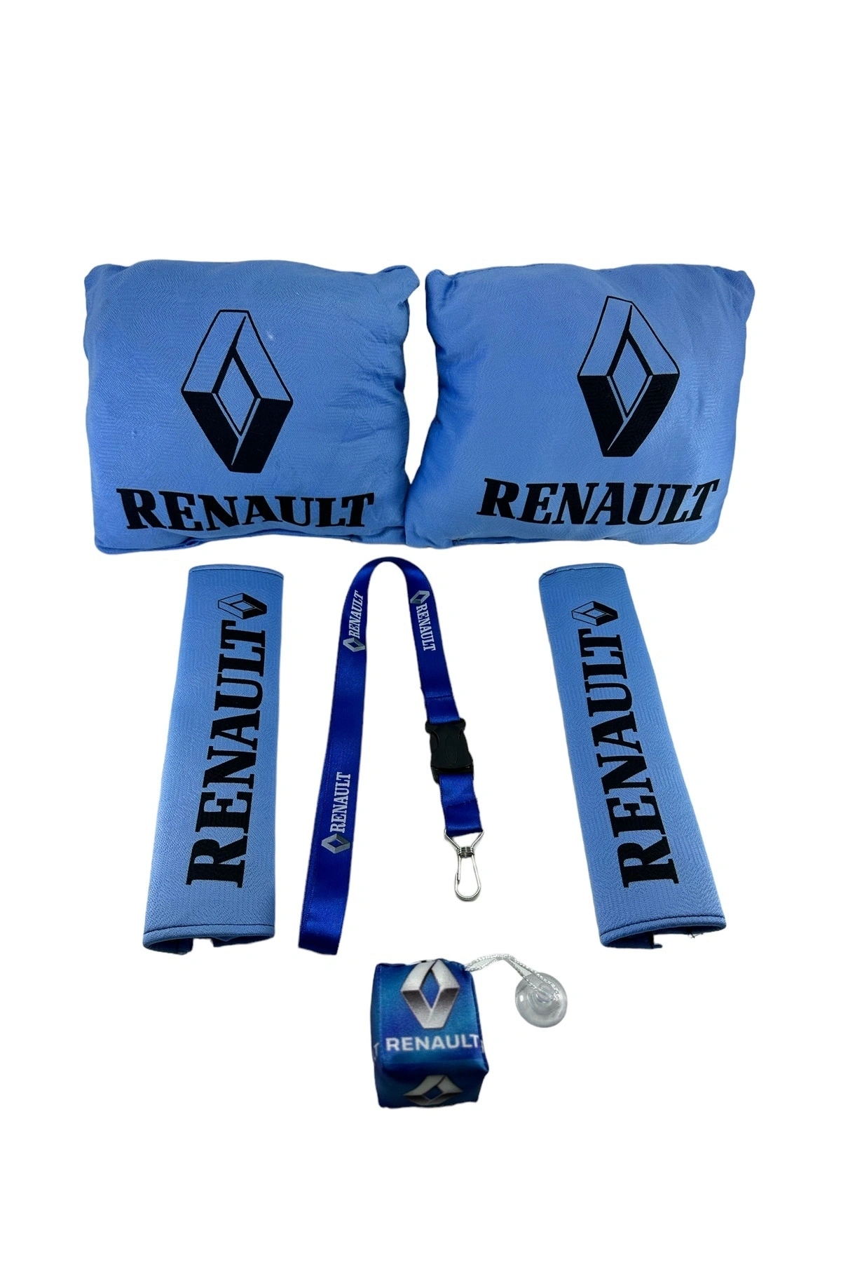 Renault Oto Konfor Seti Mavi Yastık Kemer (Boyun Yastığı, Kemer Pedi, ayna ipi, cam süsü 6 parça)
