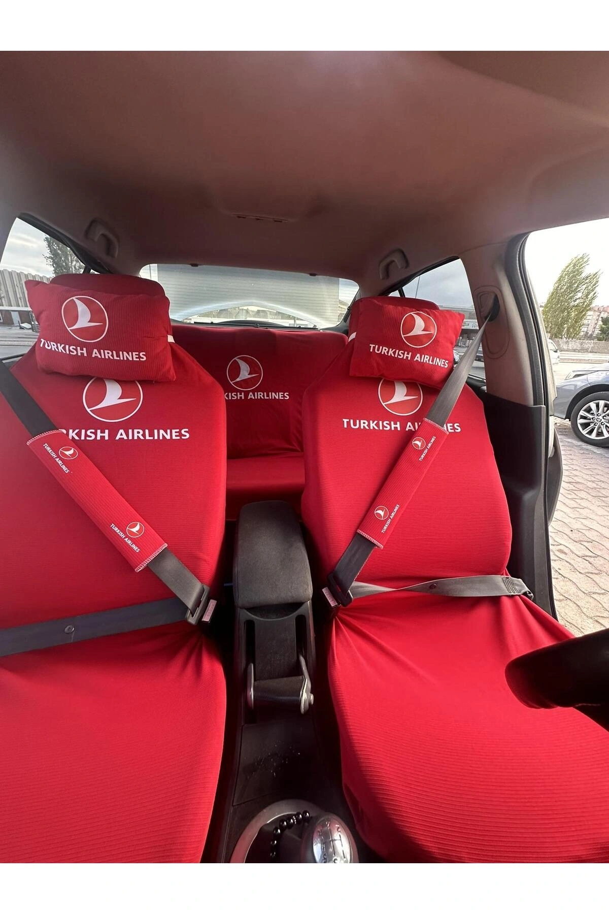 Turkish Airlines Baskılı Oto Servis Kılıfı, Kemer Pedi, Yastık Takımı Thy Kırmızı