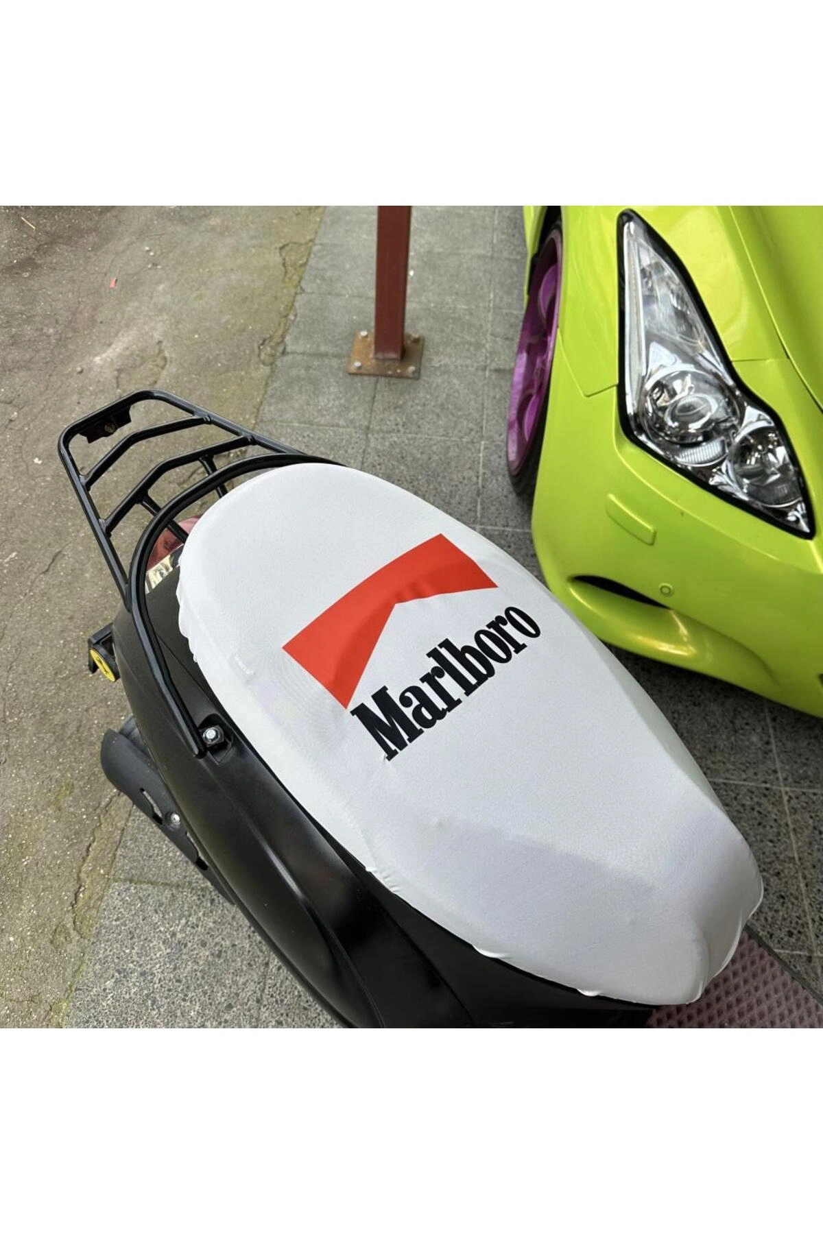 MARLBOR  BEYAZ  DESENLİ PENYE MOTOSİKLET KILIFI -MOTOR UYUMLU