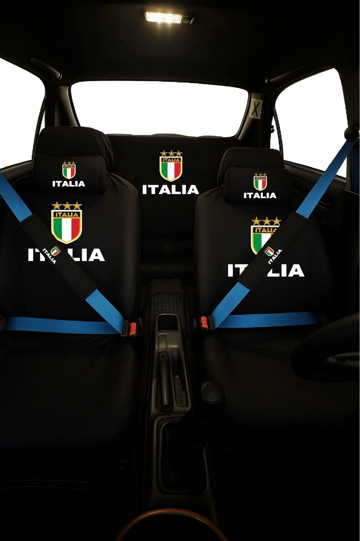 Italia Baskılı 8 Parça Oto Koltuk Servis Kılıf Seti (Ön + Arka Set, 2 Boyun Yastığı, 2 Kemer Kılıfı)