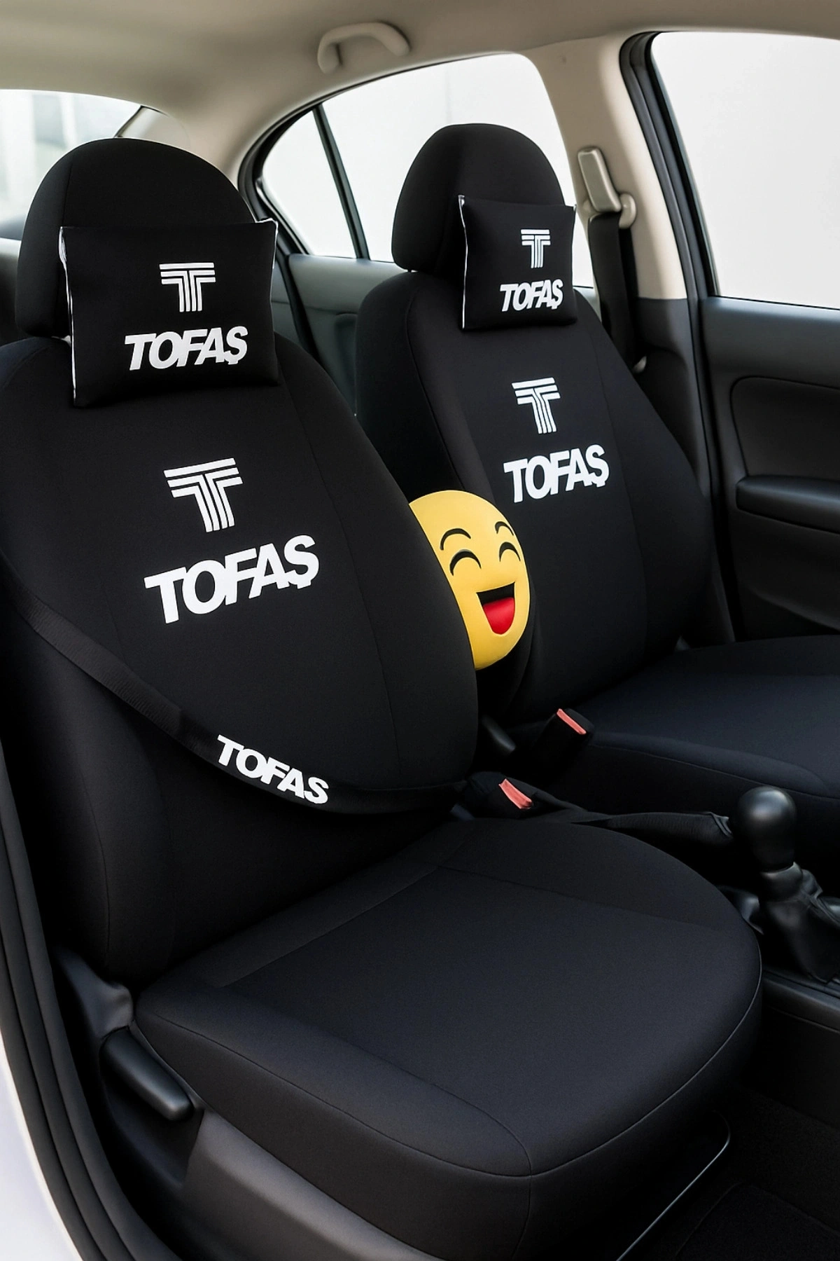 Tofaş 9 Parça Oto Koltuk Kılıf Seti (Ön + Arka Set, 2 Boyun Yastığı, 2 Kemer Kılıfı, Emoji Yastık)