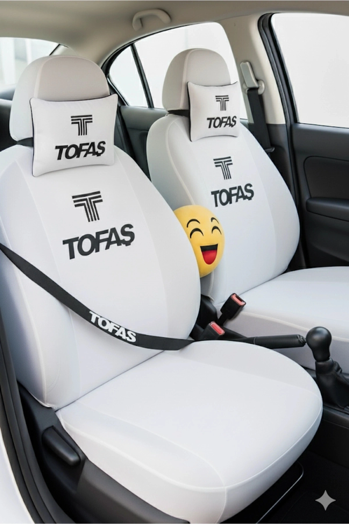 Tofaş 9 Parça Oto Koltuk uyumlu Kılıf Seti(Ön+Arka Set,2 Boyun Yastığı,2 Kemer Kılıfı, Emoji Yastık)