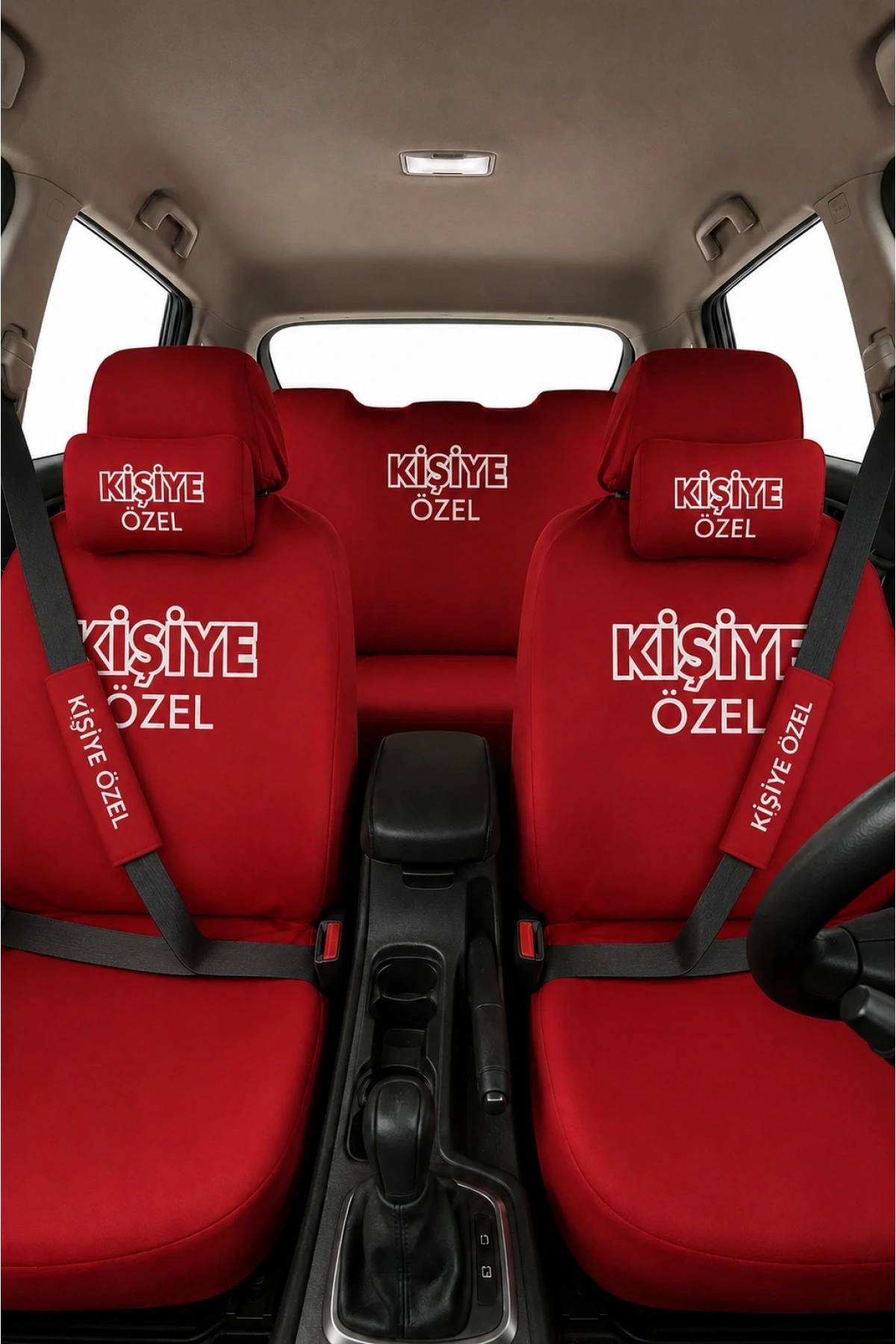 Kişiye Özel 8 Parça Oto Koltuk Kılıf Seti (Ön+Arka Set, 2 Boyun Yastık,2 Kemer Kılıf) Kırmızı