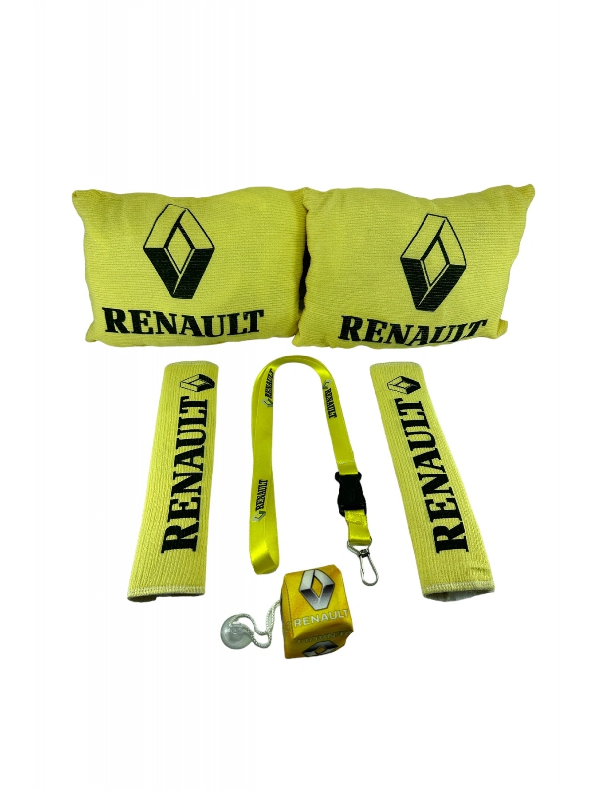 Renault Oto Konfor Seti Sarı Yastık Kemer (Boyun Yastığı, Kemer Pedi, ayna ipi, cam süsü 6 parça)
