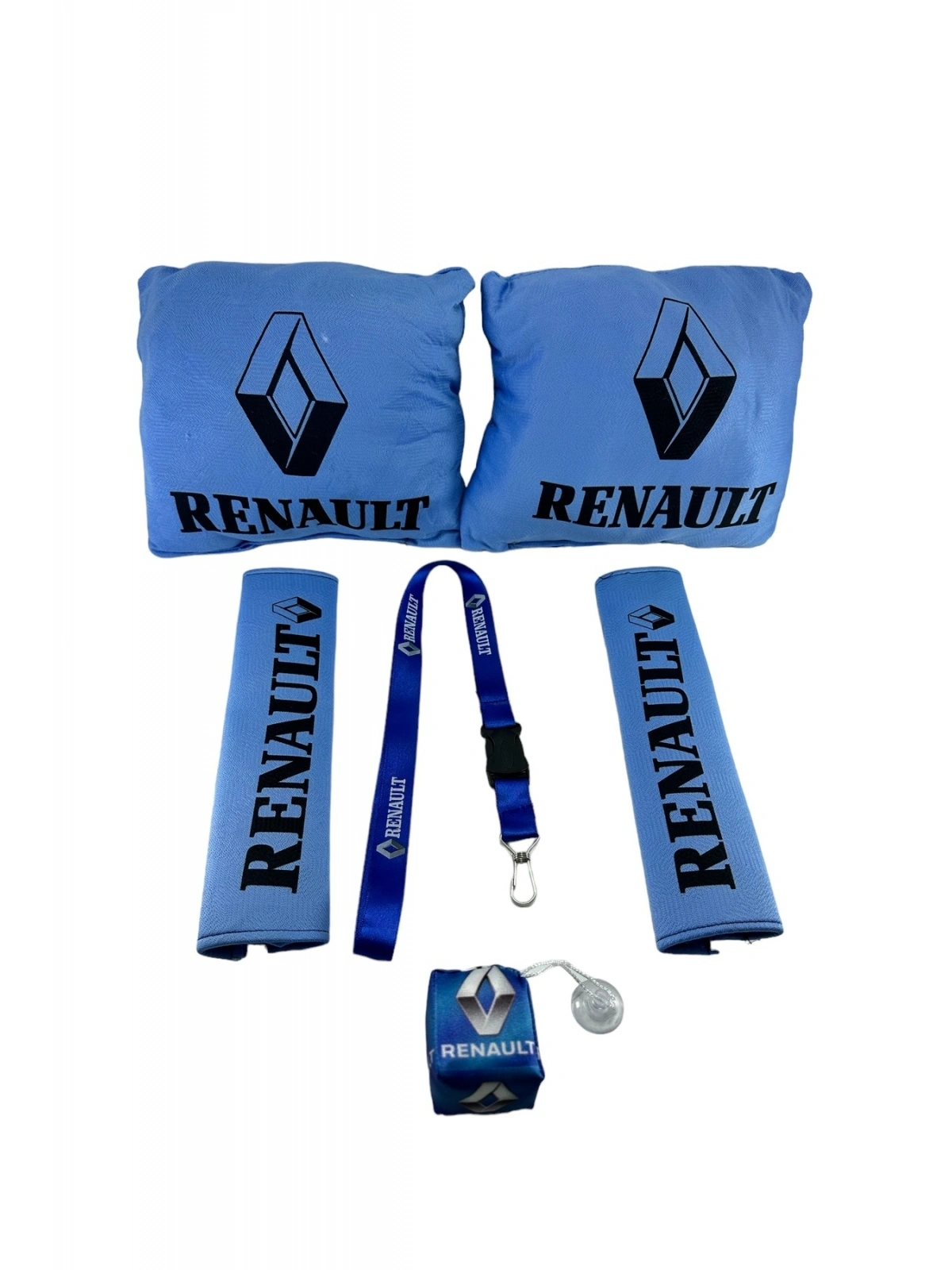 Renault Oto Konfor Seti Mavi Yastık Kemer (Boyun Yastığı, Kemer Pedi, ayna ipi, cam süsü 6 parça)