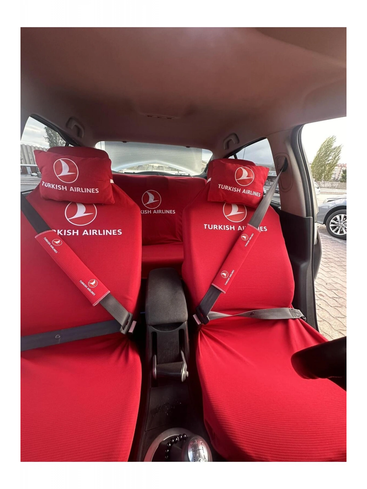 Turkish Airlines Baskılı Oto Servis Kılıfı, Kemer Pedi, Yastık Takımı Thy Kırmızı