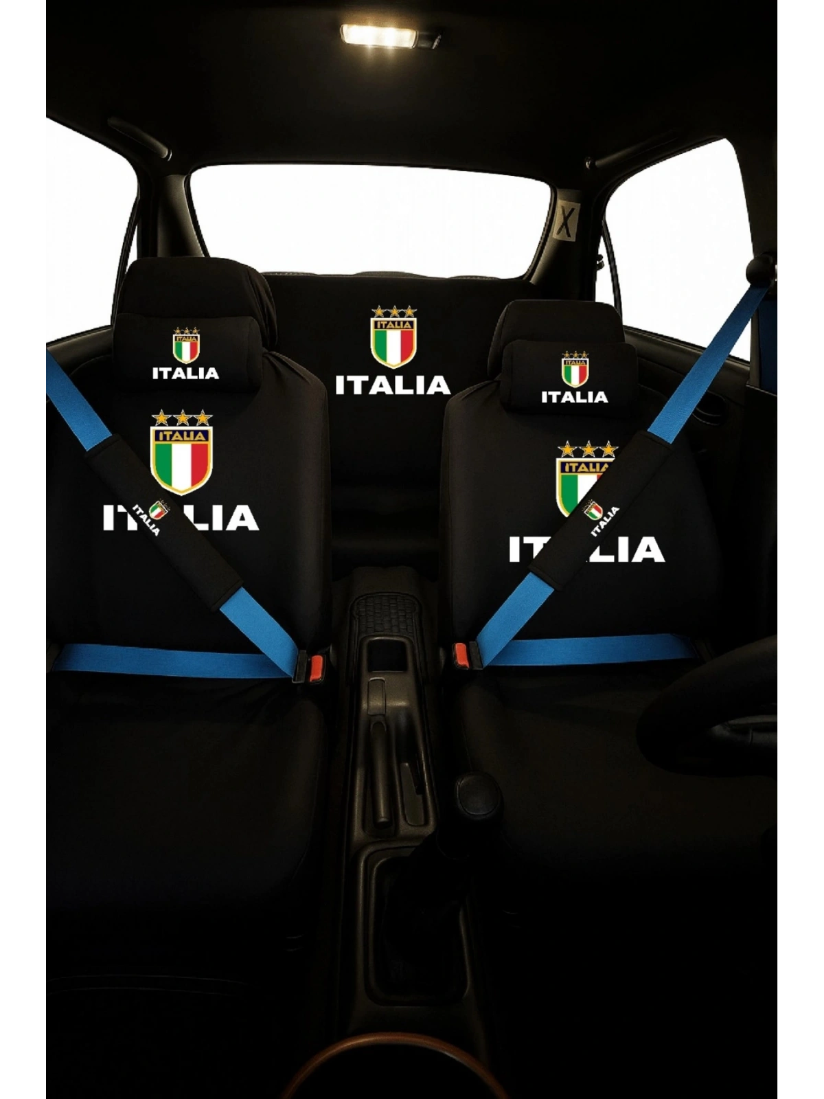 Italia Baskılı 8 Parça Oto Koltuk Servis Kılıf Seti (Ön + Arka Set, 2 Boyun Yastığı, 2 Kemer Kılıfı)