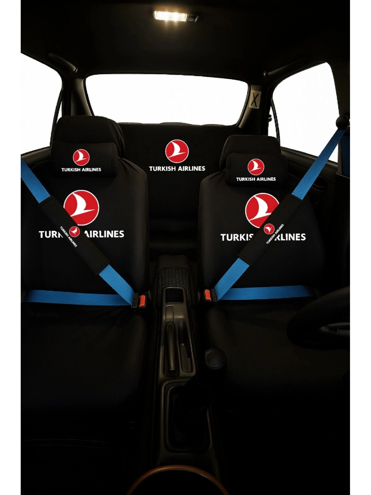 Thy Baskılı 8 Parça Oto Koltuk Servis Kılıf Seti (Ön + Arka Set, 2 Boyun Yastığı, 2 Kemer Kılıfı)