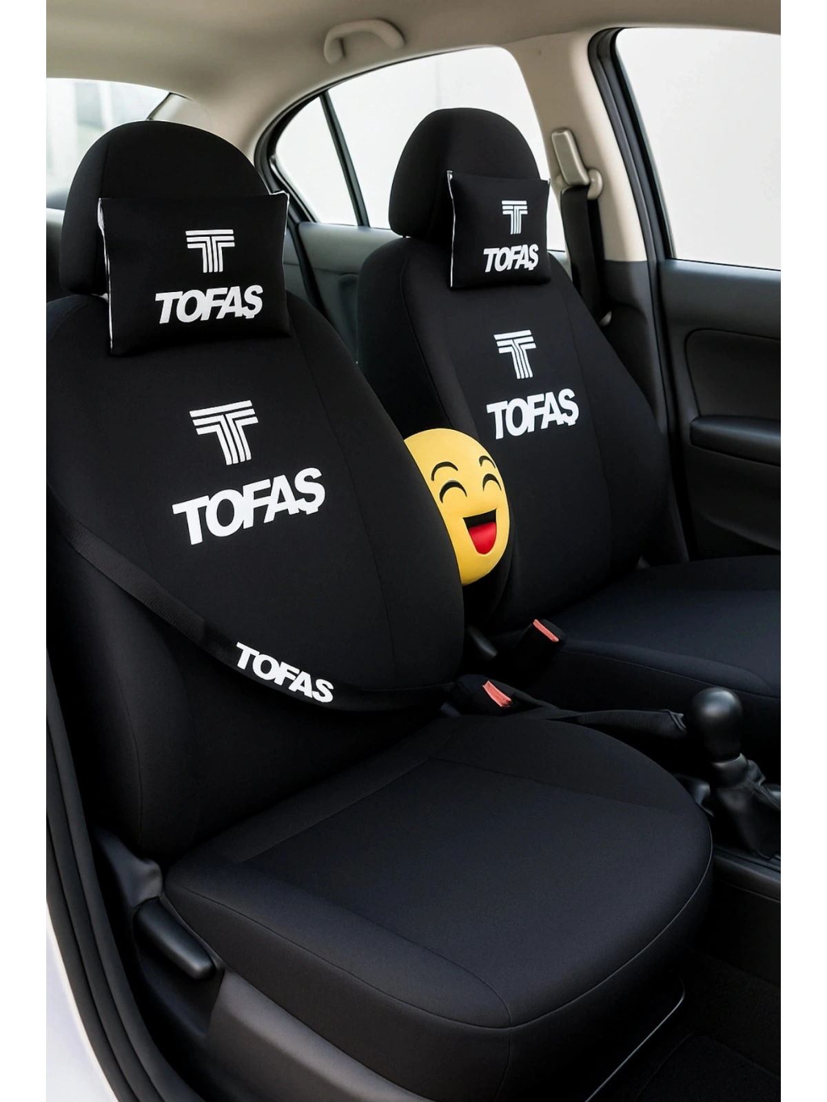 Tofaş 9 Parça Oto Koltuk Kılıf Seti (Ön + Arka Set, 2 Boyun Yastığı, 2 Kemer Kılıfı, Emoji Yastık)