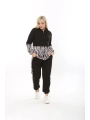 Kadın Siyah Baskılı Büyük Beden Kapüşonlu Fermuarlı Eşofman Takım