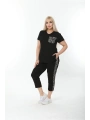 Büyük Beden Siyah Cep Ve Şerit Detaylı Yazlık Kapri Eşofman Takımı