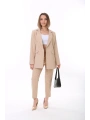 Kadın Düğmeli Blazer Ceket Kemerli Pantolon Dokuma Atlas Kumaş Takım Elbise