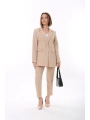 Kadın Düğmeli Blazer Ceket Kemerli Pantolon Dokuma Atlas Kumaş Takım Elbise