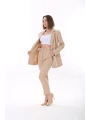 Kadın Düğmeli Blazer Ceket Kemerli Pantolon Dokuma Atlas Kumaş Takım Elbise