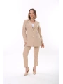 Kadın Düğmeli Blazer Ceket Kemerli Pantolon Dokuma Atlas Kumaş Takım Elbise