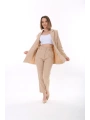 Kadın Düğmeli Blazer Ceket Kemerli Pantolon Dokuma Atlas Kumaş Takım Elbise
