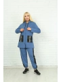 Kadın Mavi Kapüşonlu Fermuarlı Deri Detaylı Büyük Beden Takım