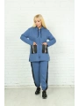 Kadın Mavi Kapüşonlu Fermuarlı Deri Detaylı Büyük Beden Takım