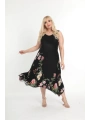 Kadın Büyük Beden Tokalı Askılı Çiçek Desenli Siyah Elbise