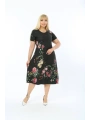 Kadın Büyük Beden Kısa Kollu Midi Boy Çiçek Desenli Siyah Elbise
