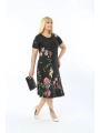 Kadın Büyük Beden Kısa Kollu Midi Boy Çiçek Desenli Siyah Elbise