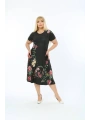 Kadın Büyük Beden Kısa Kollu Midi Boy Çiçek Desenli Siyah Elbise