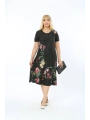 Kadın Büyük Beden Kısa Kollu Midi Boy Çiçek Desenli Siyah Elbise