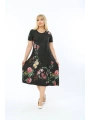 Kadın Büyük Beden Kısa Kollu Midi Boy Çiçek Desenli Siyah Elbise