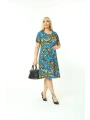 Kadın Büyük Beden Kısa Kollu Midi Boy Mavi Desenli Elbise