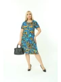 Kadın Büyük Beden Kısa Kollu Midi Boy Mavi Desenli Elbise